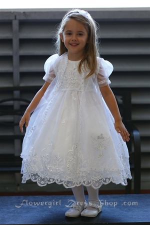 Flower Girl Dresses #AG330 : Dazzling Organza Overlay Dress W/ Image Of Two Doves & Cross.