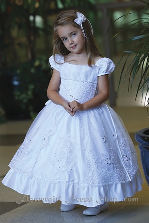 Flower Girl Dresses #AG334 : Lovely Cap Sleeve Satin Dress W/ Split Apron Skirt.
