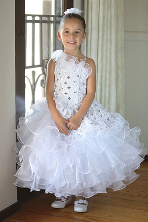 Flower Girl Dresses #AG633 : Stunning One-Shouldered Dress w/ Embroidery & Sequined Bodice w/ Layered Ruffled Girl Dress