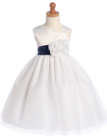 Sleeveless Satin Bodice and Tulle Skirt with Detachable Sash and Flower