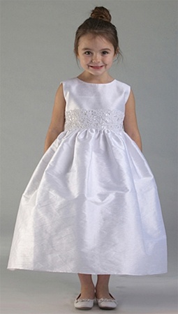 Flower Girl Dresses #C330 : White Poly Silk Dress w/ Sequins Detailed Waistline