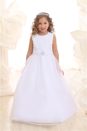 Flower Girl Dresses #CA3636  : Simple Floor length Dress with Glitter bodice and Organza Sash