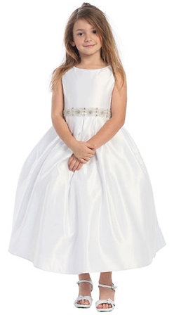 Flower Girl Dresses #CA587WH : Bridal Satin Dress with Adorned Waistline