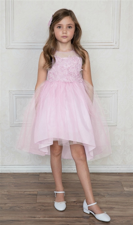 #CAD-758PK : High-Low Tulle Dress with Beaded and Embroidered Bodice