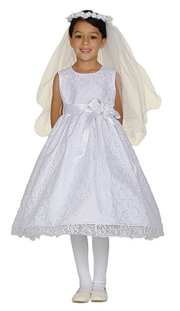 Flower Girl Dresses #CD1132W : Elegant Lace Dress with Satin Ribbon and Flower Decorated