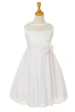 Flower Girl Dresses #CD1143W : Elegant soft mesh T-length dress with metallic embroidered lace, two flower corsage with pearls