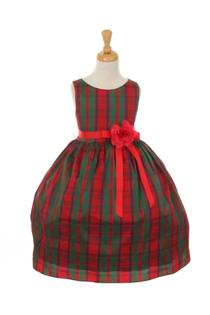 Flower Girl Dresses # CD1194RD : Holiday Spirit Colorful Checker Printed Dress with Grossgrain Ribbon Sash with Flower