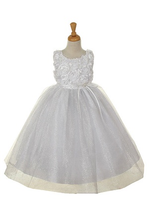 Flower Girl Dresses #CD525W : White Rosette Top and Overlay of Soft Tulle Glitter