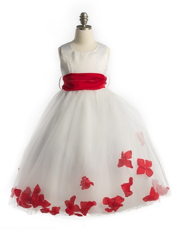 #JK2570RD : Satin Bodice Petal Flower Girl Dress with Organza Sash
