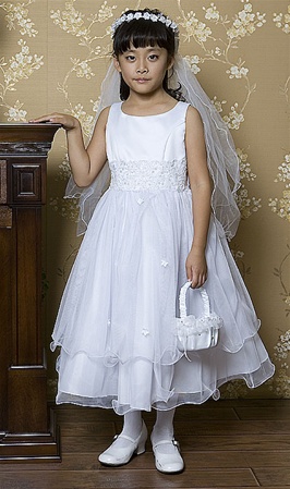 Flower Girl Dresses # KD198WH : White Sleeveless Satin Bodice w/ Wire Hemming Tulle Skirt Flower Girl Dress