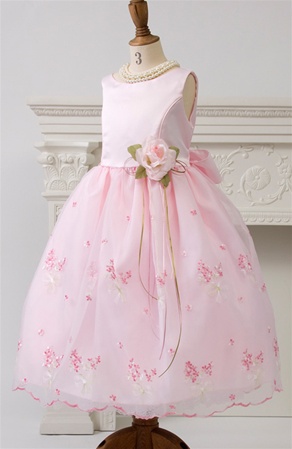 flower girl dresses#KD220PK  : Pink Satin Bodice with Embroidered Sheer Organza Skirt.