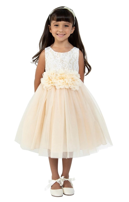 # KD414F : Lace Illusion Tulle 3 Mesh Flowers Dress