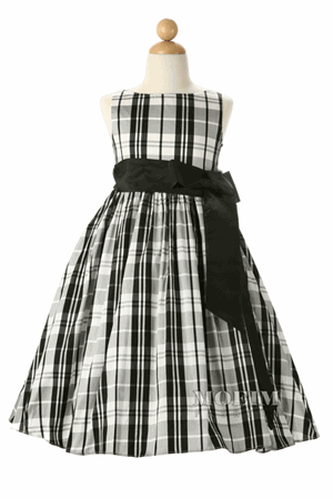 Flower Girl Dresses #KK5712BK : Black/White Checker Taffeta  Dress with Removable Sash