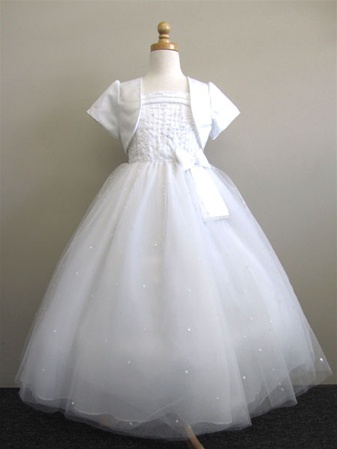 Communion Dress #RA1012WH : Spaghetti Strap Beaded Satin Bodice with Tulle Skirt and Satin Jacket