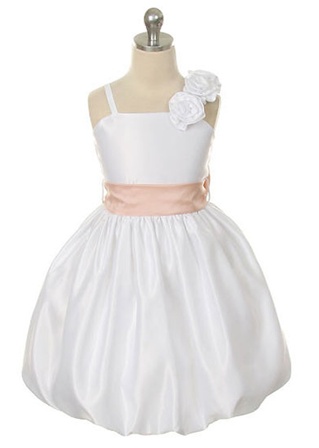 Flower Girl Dresses #SK210WH : Satin Bubble Dress w/Hand Rolled Flowers on One Strap