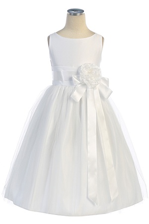 Flower Girl Dresses SK402W : Darling Vintage Satin Dress w/ Front Tie Sash, Removable Flower & Tulled Skirt Dress