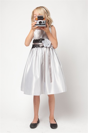 Flower Girl Dresses #SK455S : Silver Sleeveless Satin Dress W/ Lace Waist Sash.