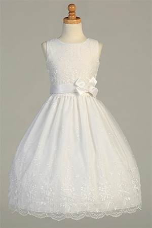 Communion Dress #SP110 : Lovely Organza Dress w/ Embroidery Work All Over & Bow Accent Girl Dress