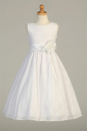 Communion Flowergirl Dress #SP113 : Sweet Poly Cotton Dress w/ Polka-Dots All Over & Removable Flower on Waist Girl Dress