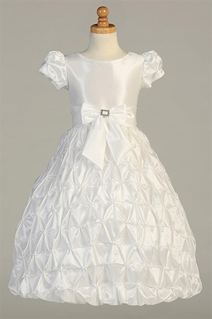 Communion Dress #SP122 : Cute Cap Sleeved Taffeta Dress, Gathered Skirt & Bow on the Waist Girl Dress