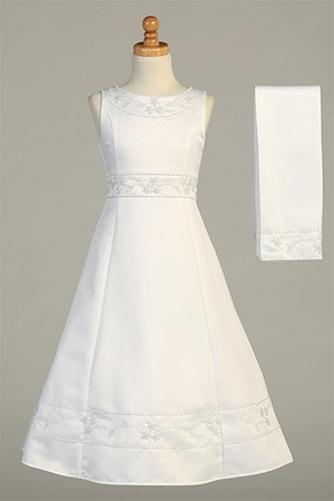 Communion Dress #SP613 : Elegant Satin A-Line Dress w/ Bead Works & Matching Shawl Girl Dress