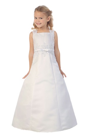 Flower Girl Dresses #TT1098 : Sweet Satin A-Line Dress w/ Lace Accented Waist & Bow Decorated Waistline Girl Dress