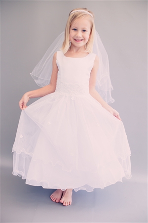 White Sleeveless Satin Bodice with Wire Hemmed Tulle Skirt (#KD198W)