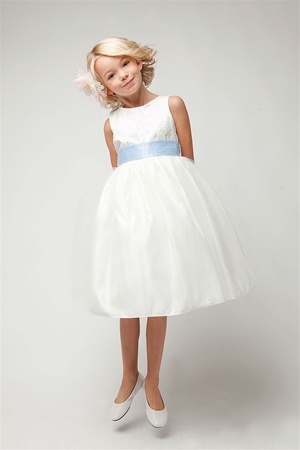 Flower Girl Dresses #SK394B : Elegant Satin Jacquard Bodice w/ Tulled Skirt dress & Exchangeable Sash Girl Dress