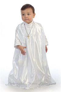 Christening Gown #AG260 : Luxurious Embroidered Satin Boy’s Romper.