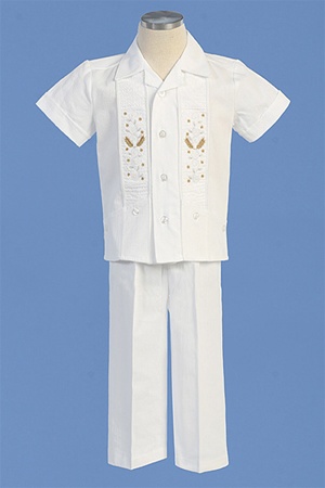 Christening Gown #AG413 : Beautiful Cotton Boy's Pants Set w/ Stole-Like Embroidery