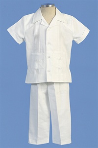 Christening Gown #AG445 : Simple Linen Boy's Pants Set w/ Pleat-Like Shirt & Pockets