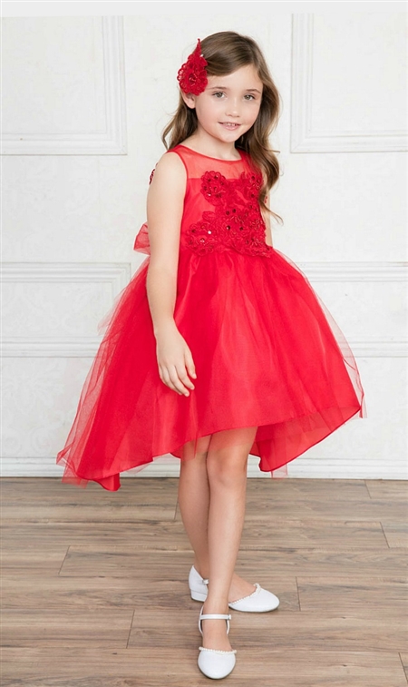 #CAD-758RD : High-Low Tulle Dress with Beaded and Embroidered Bodice