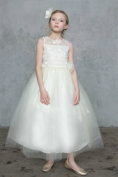 #CAD-772IV : Embroidered Dress with Tulle Skirt