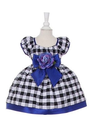 Flower Girl dresses # CD1174RB : Elegant black and white checkered print taffeta dress with detachable accent bow and flower corsage