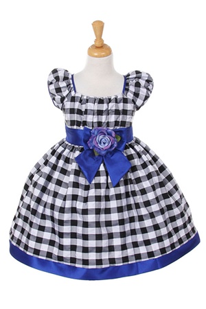 Flower Girl dresses # CD1177RB : Elegant black and white checkered print taffeta dress with detachable accent bow and flower corsage