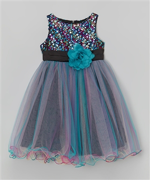 #KD327 teal blue : Multi-Sequin Trio Color Tulle Dress