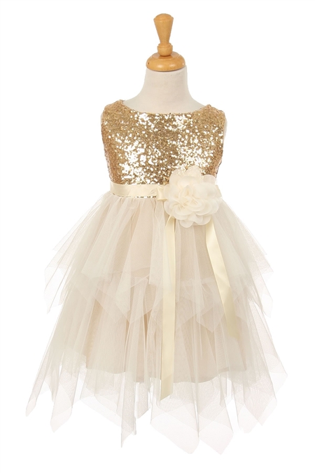 #KK6370 gold : Sleeveless Tulle Dress with Sequin Bodice