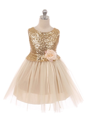 #KK6428 champagne : Sequin Bodice Flower Girl Dress with Double Layered Mesh Skirt