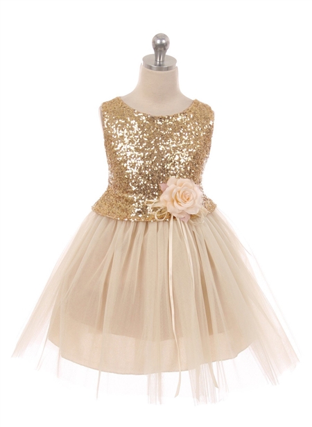 #KK6428 champagne : Sequin Bodice Flower Girl Dress with Double Layered Mesh Skirt
