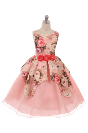 #KK6434 coral : Floral and Tulle Dress