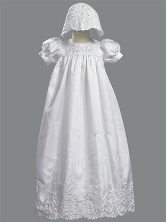 #LT2270 : All White Satin Girls Christening/Baptism Dress with Matching Bonnet