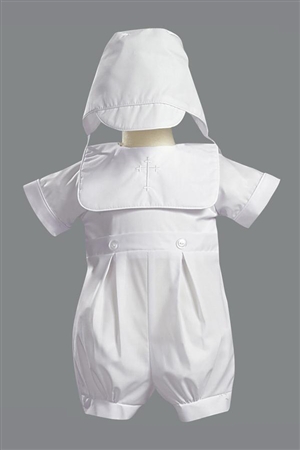 #LTZachary : Poly cotton romper with embroidered cross on front with hat