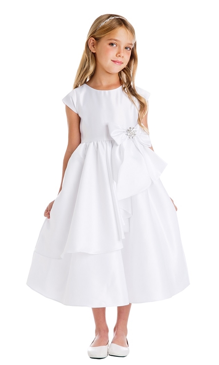 #SK750 : Short Sleeved Satin Dress with Cascading Skirt