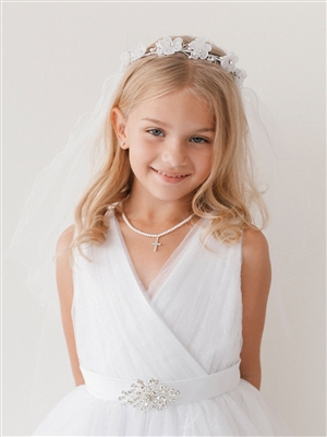 iGirlDress Girls First Communion White Floral and Pearls Wreath Crown Veil 