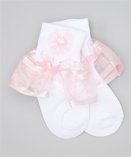 #TT8011 pink : Organza Ruffle with Satin Trim Girl's Dress Socks