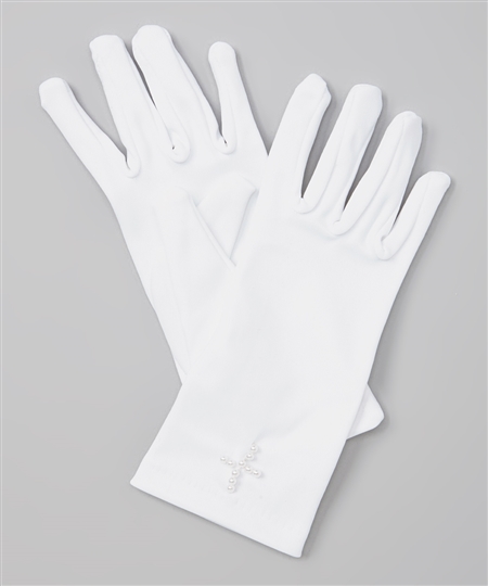 #TTCRG : White Short Satin Cross Rhinestone Gloves